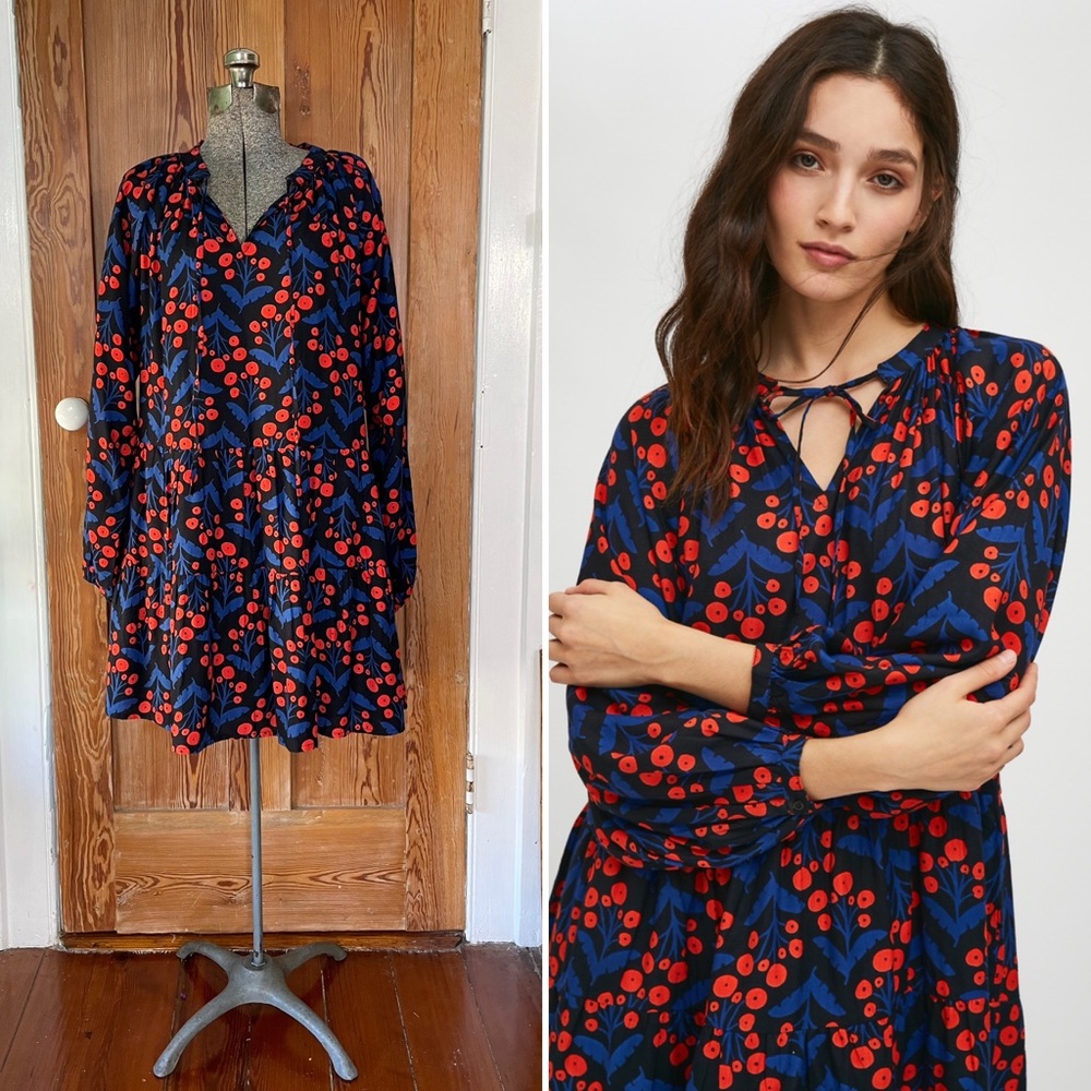 COMPANIA FANTASTICA Poppy Foral Tiered Long Sleeve Dress w/Pockets  - Small